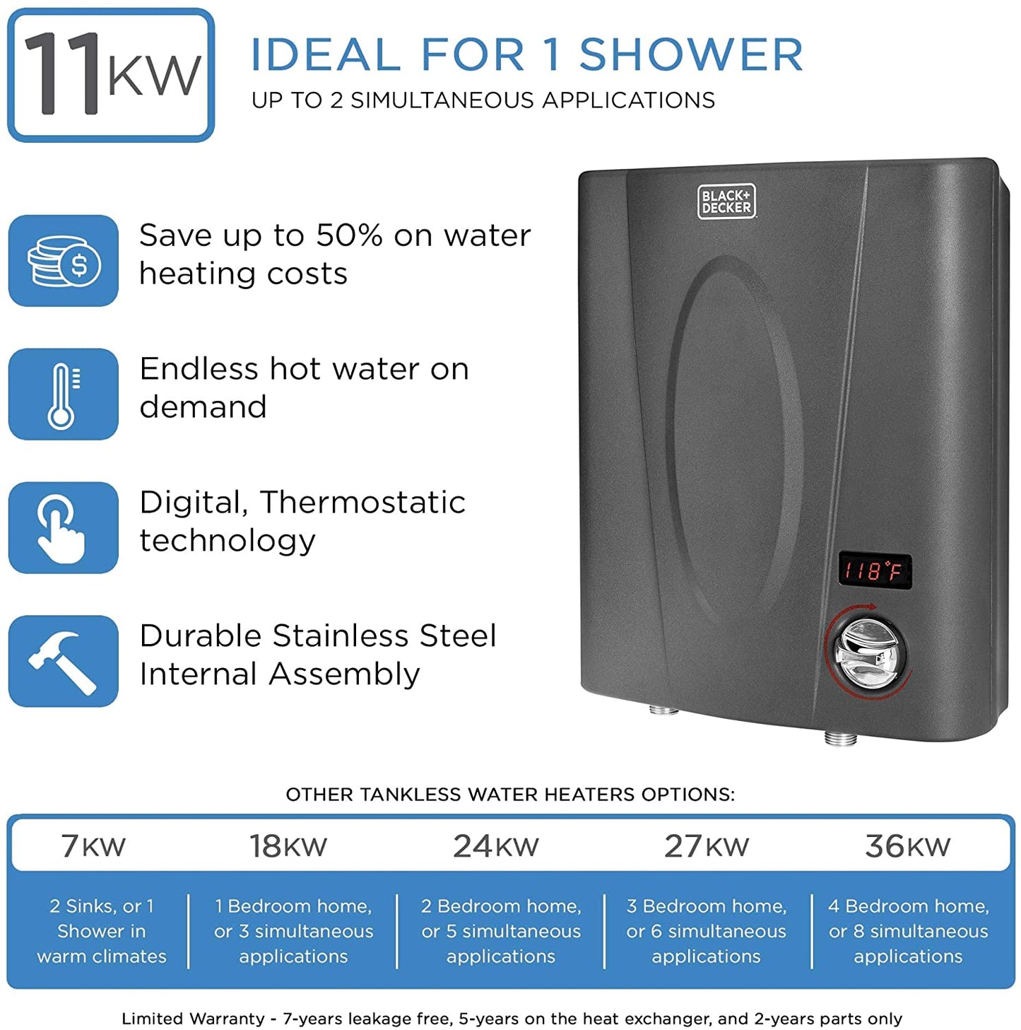 Tankless Water Heaters - BLACK+DECKER 11 KW Self-Modulating 2.35 GPM Electric Tankless Water Heater