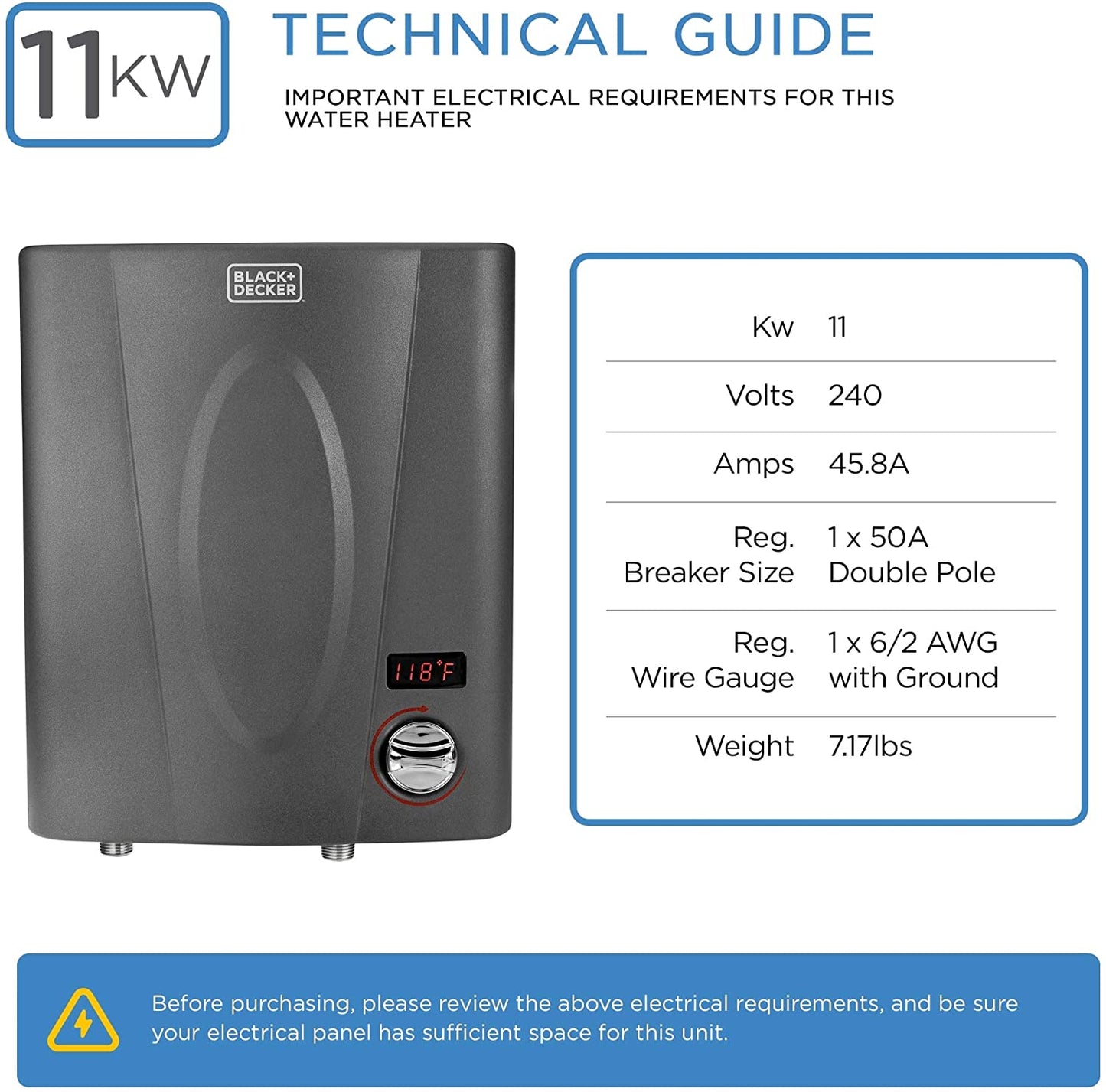 Tankless Water Heaters - BLACK+DECKER 11 KW Self-Modulating 2.35 GPM Electric Tankless Water Heater