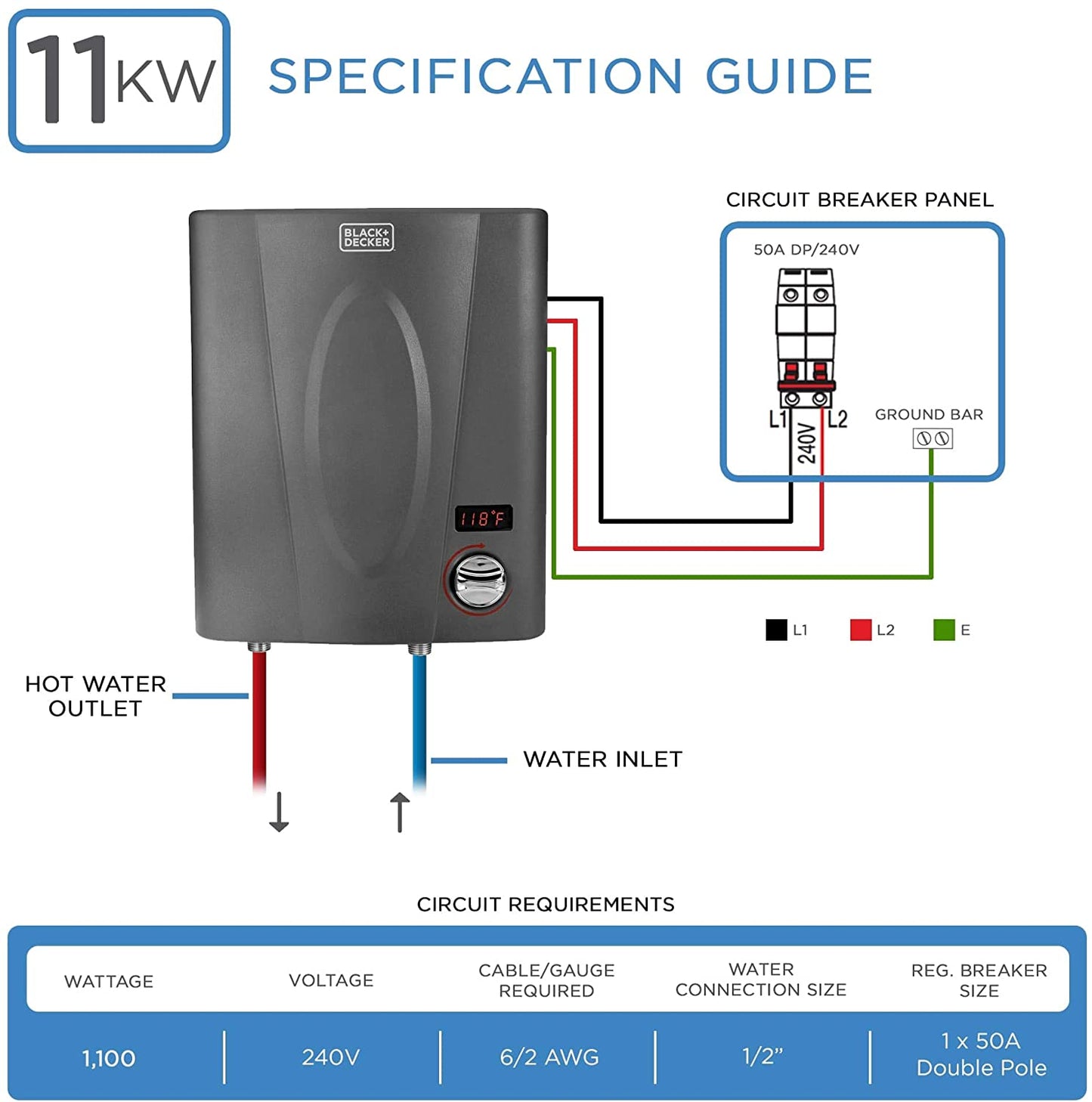 Tankless Water Heaters - BLACK+DECKER 11 KW Self-Modulating 2.35 GPM Electric Tankless Water Heater