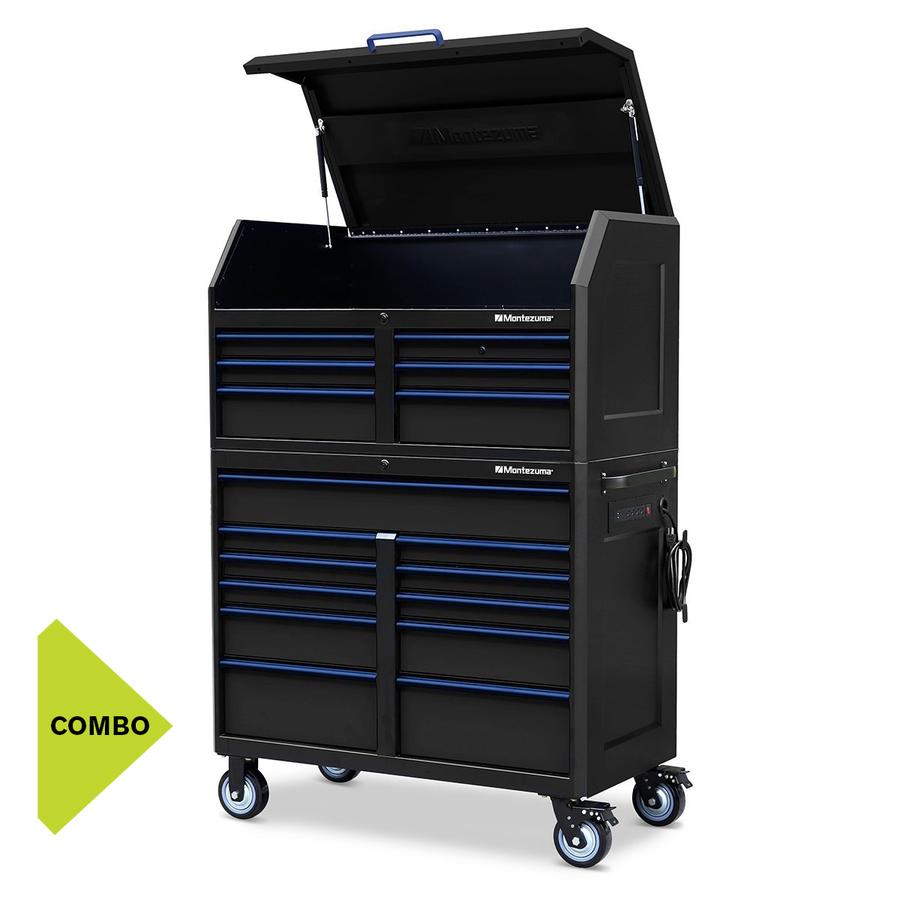 24 in. x 46 in. 17-Drawer Tool Chest and Cabinet Combo with Power and USB Outlets in Black and Blue 24 in. x 46 in. 17-Drawer Tool Chest and Cabinet Combo with Power and USB Outlets in Black and Blue