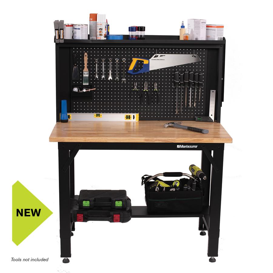 Workbenches - Montezuma 48" Adjustable Height Steel Workbench With Pegboard Back Wall