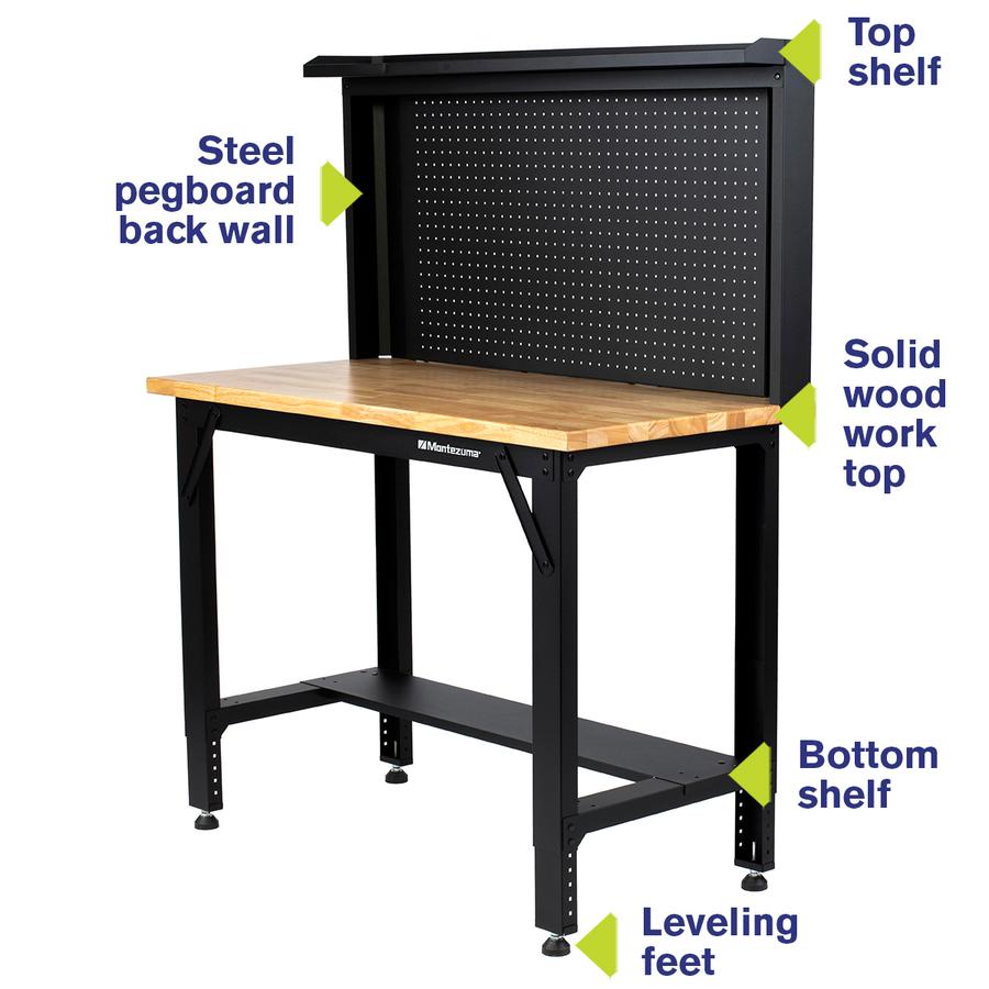 Workbenches - Montezuma 48" Adjustable Height Steel Workbench With Pegboard Back Wall
