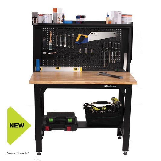 Workbenches - Montezuma 48" Adjustable Height Steel Workbench With Pegboard Back Wall
