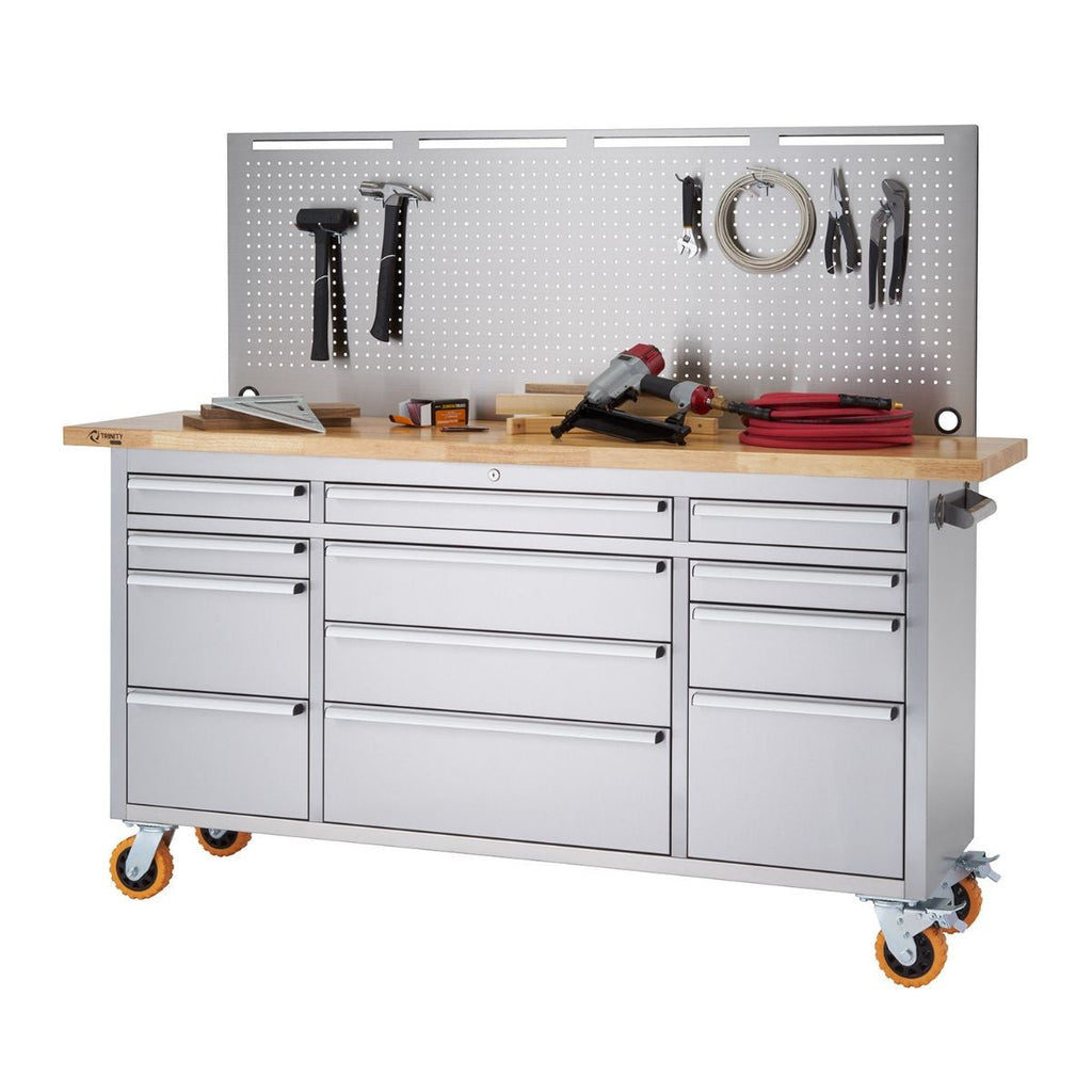 Workbenches - Trinity PRO 72x19 Stainless Steel Rolling Workbench Pegboard