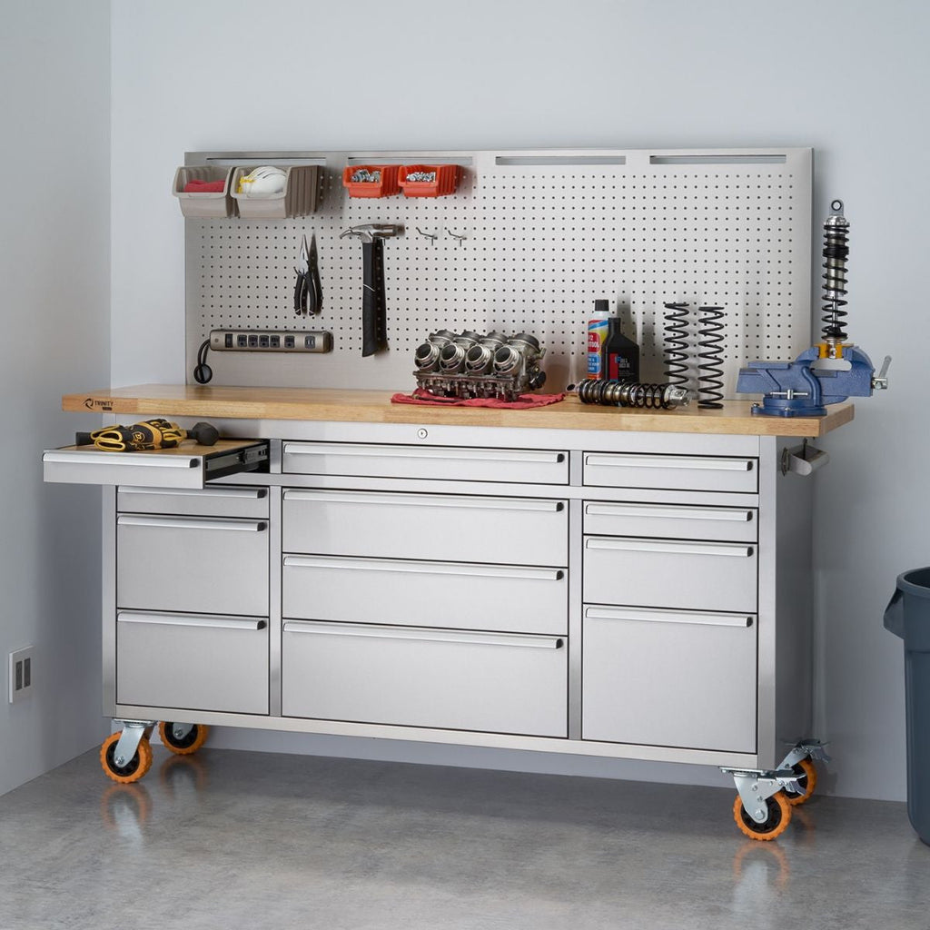 Workbenches - Trinity PRO 72x19 Stainless Steel Rolling Workbench Pegboard